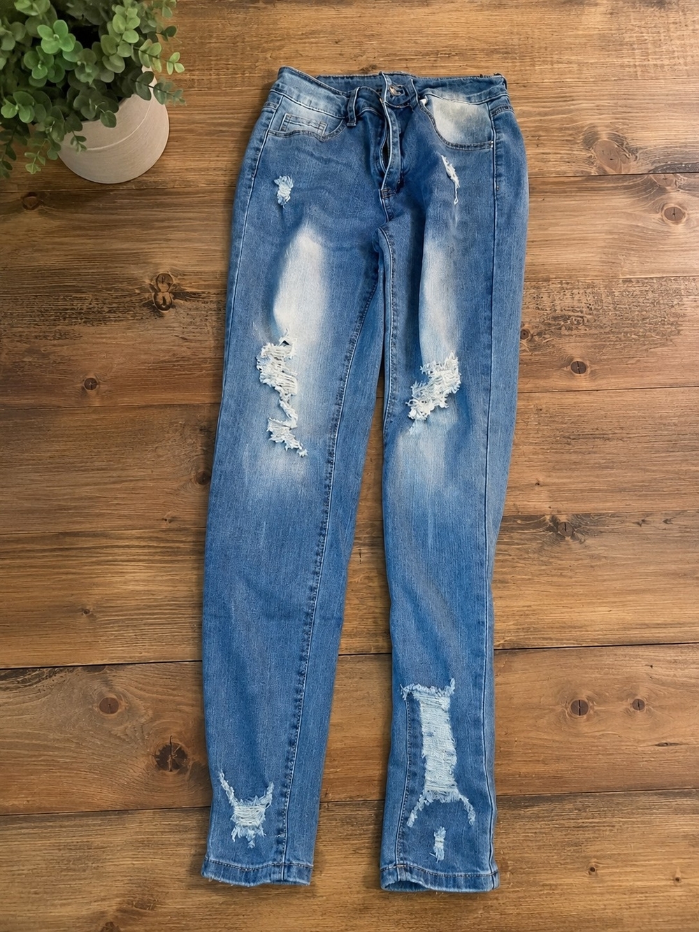 Women's Blue Distressed Skinny Denim Jeans, 5-Pocket, Button Zip, Size S
